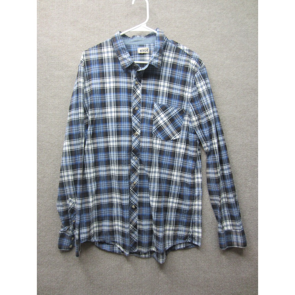 1901 Nordstrom Mens Blue Black Plaid Button Front Cotton Shirt MNHER1596 L/S